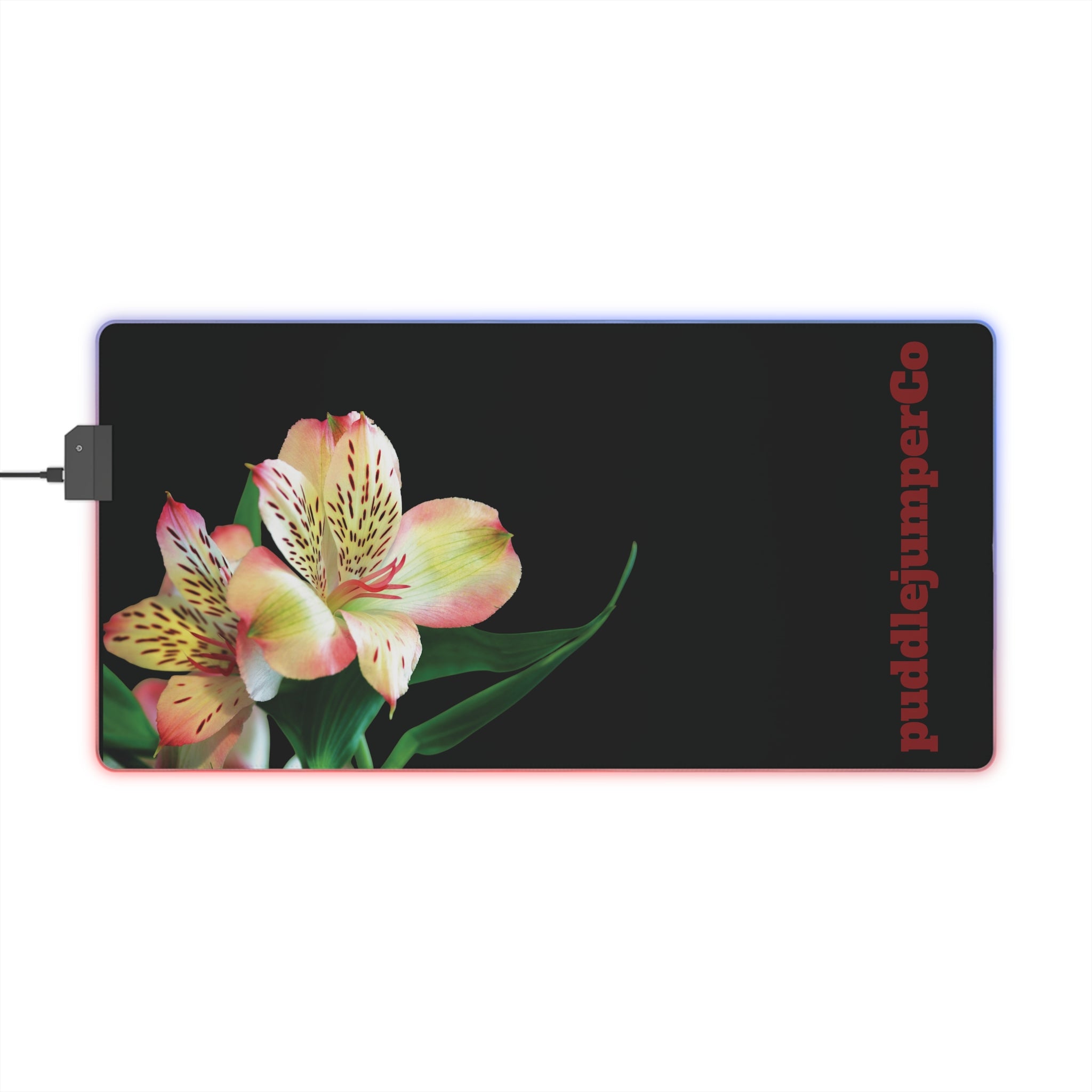 LED Gaming Mouse Pad — Floral Black Desk Mat with RGB Edge Lighting