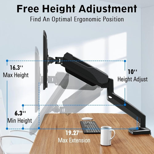 Single Monitor Desk Mount, Adjustable Gas Spring Monitor Arm Support
